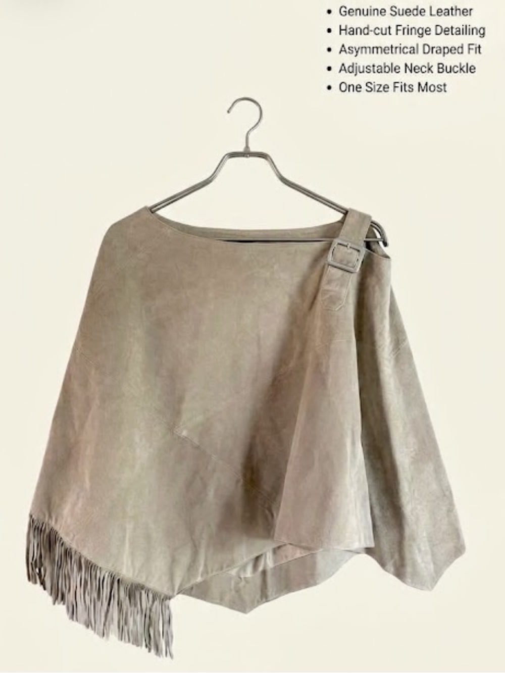 BETH TERRELL Genuine Leather Suede Beige Asymmetrical Poncho with Fringe